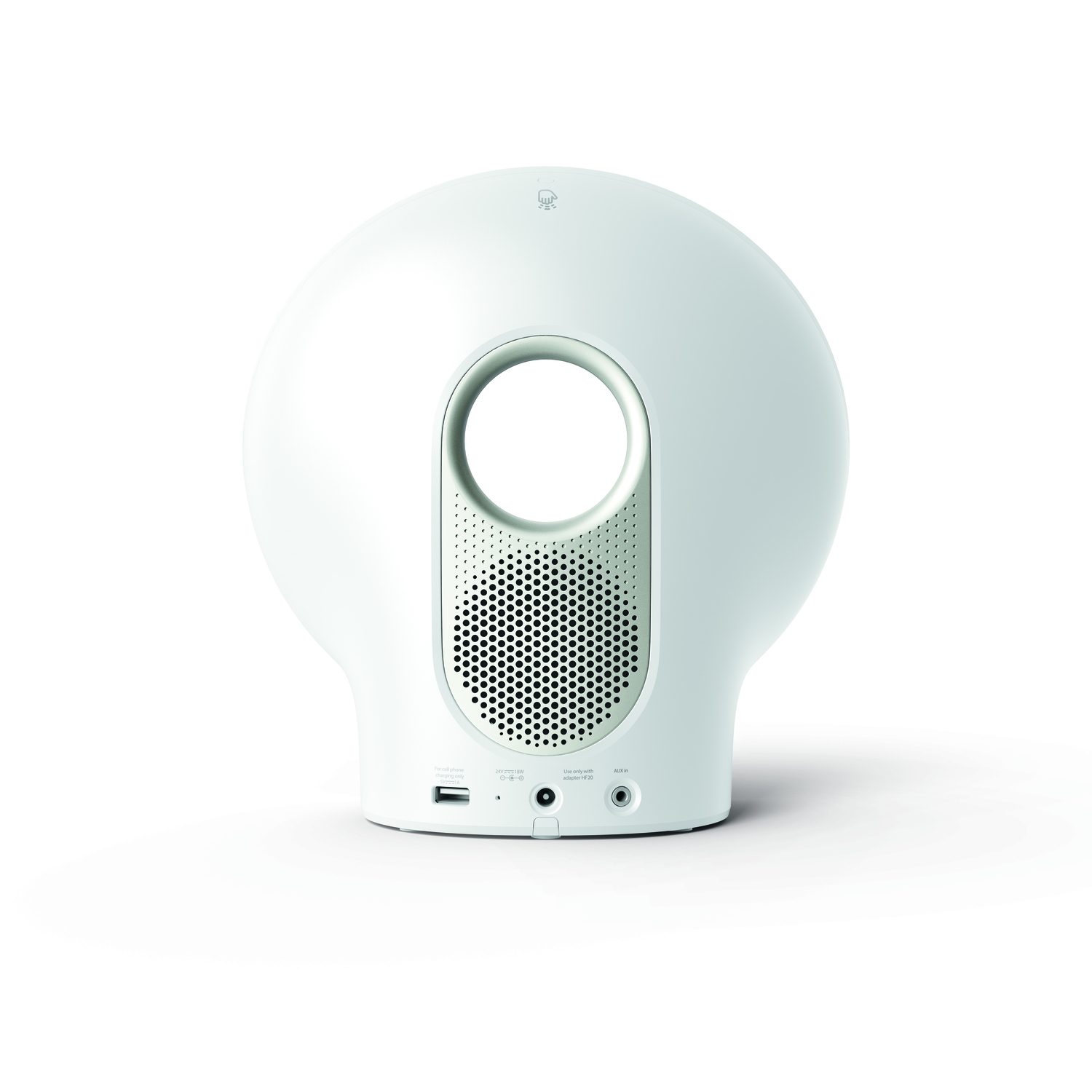 Haut-parleur blanc avec un design circulaire, montrant l'arrière avec des ports.