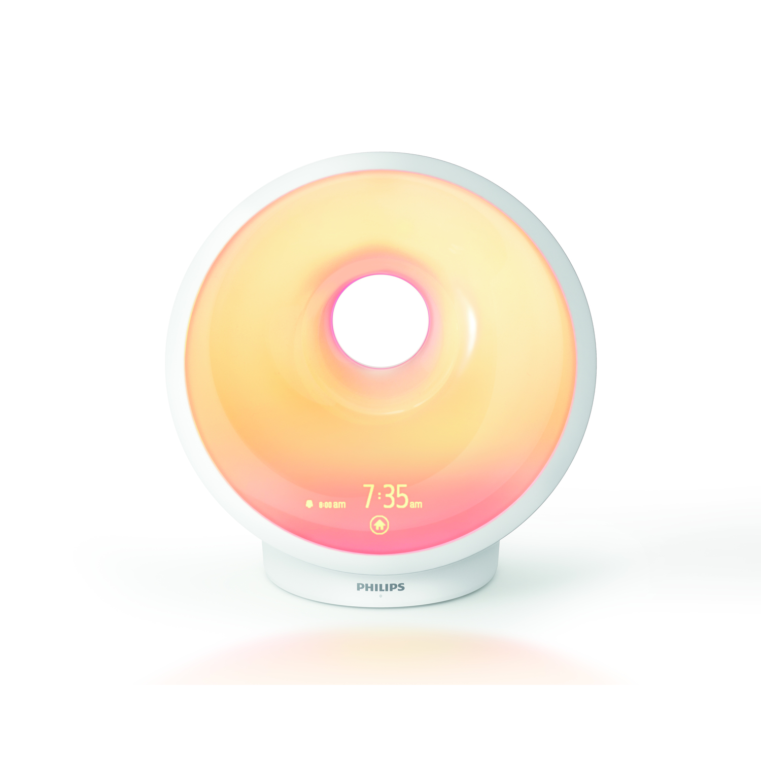 Un réveil Philips avec effet lever de soleil sur fond blanc.