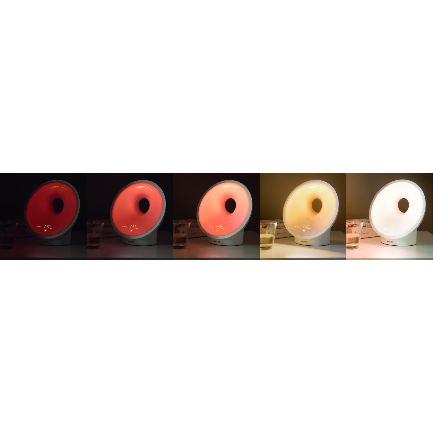 Une lampe de luminothérapie affichant différents réglages de couleur et d'intensité, en séquence.