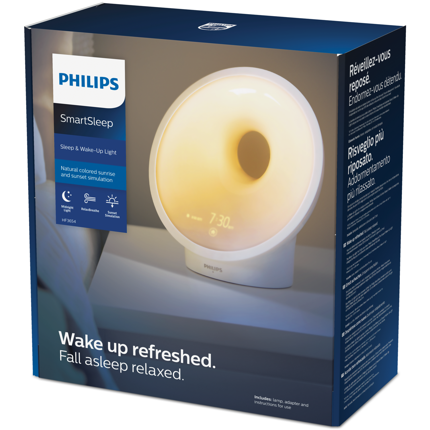 Une boîte de réveil lumineux Philips SmartSleep avec le produit et le texte : Réveillez-vous reposé.