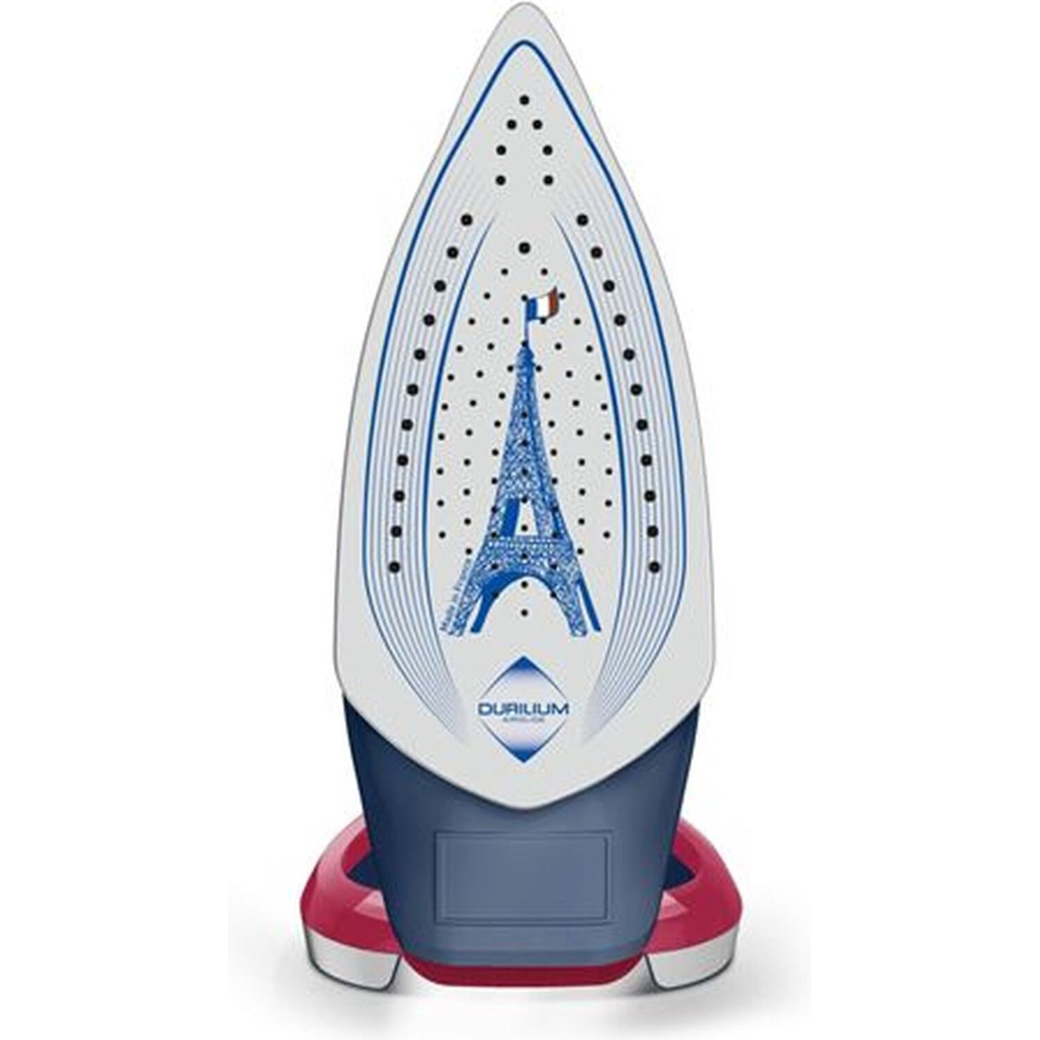 La semelle d'un fer à repasser avec un design de la Tour Eiffel et le drapeau français.