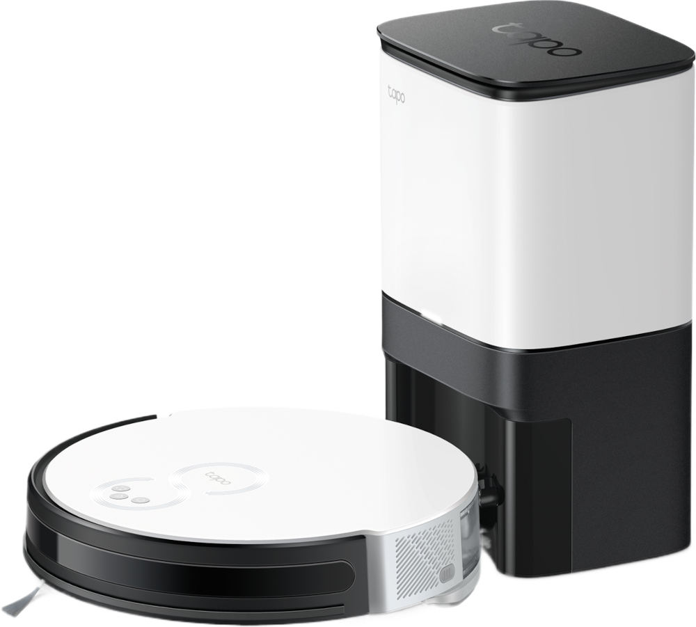 Aspirateur robotique blanc et noir avec station de charge. Design épuré et moderne.
