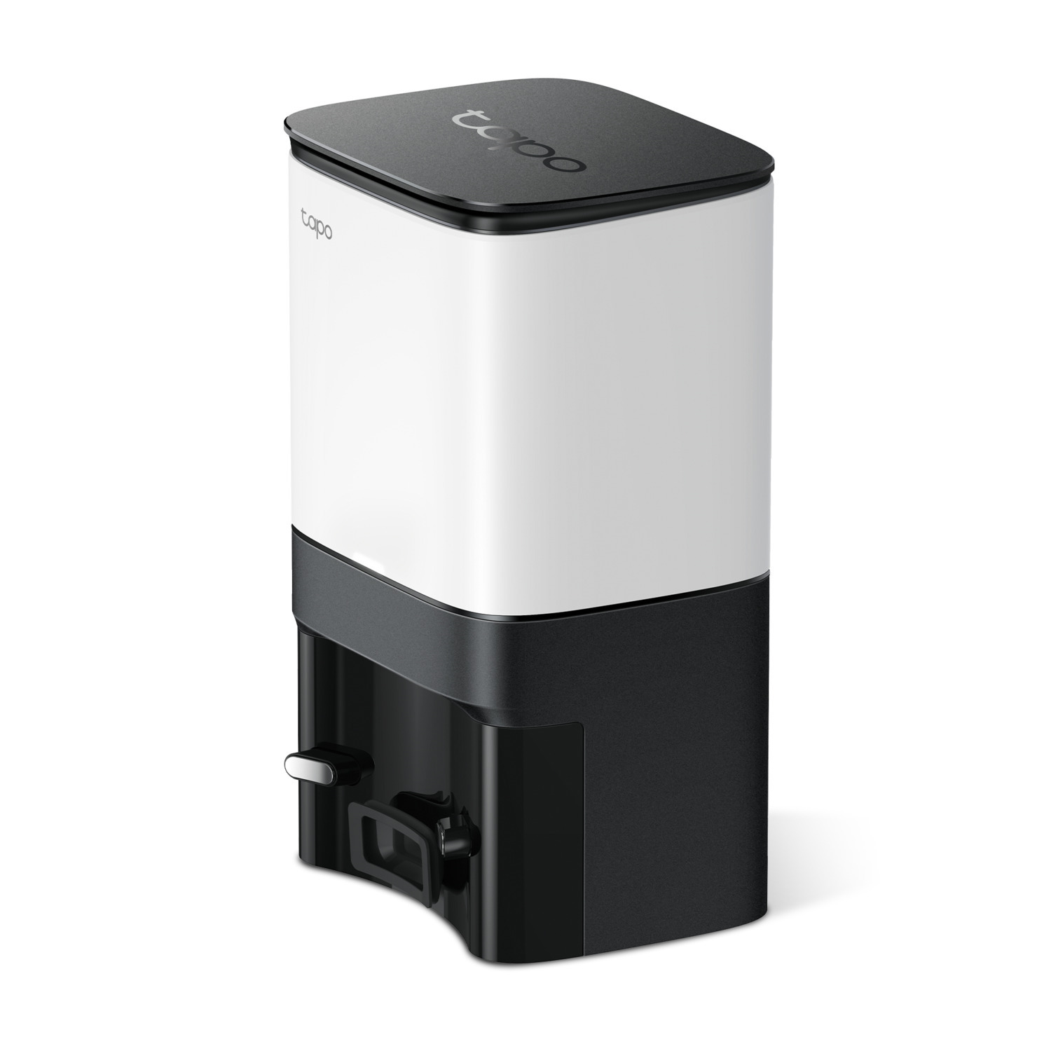 Aspirateur robot Tapo noir et blanc. Fond blanc.