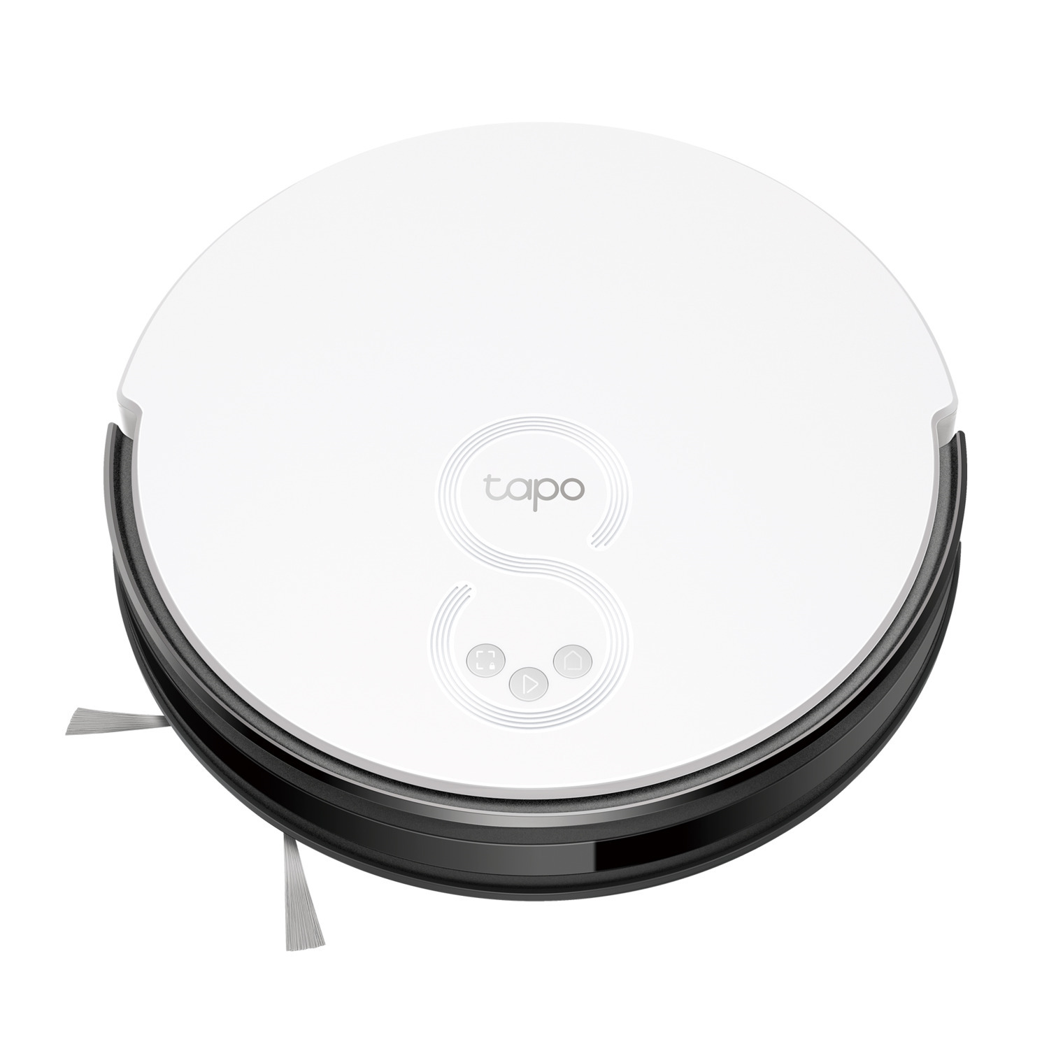 Aspirateur robot Tapo blanc, circulaire, avec des brosses et des boutons de contrôle dessus.