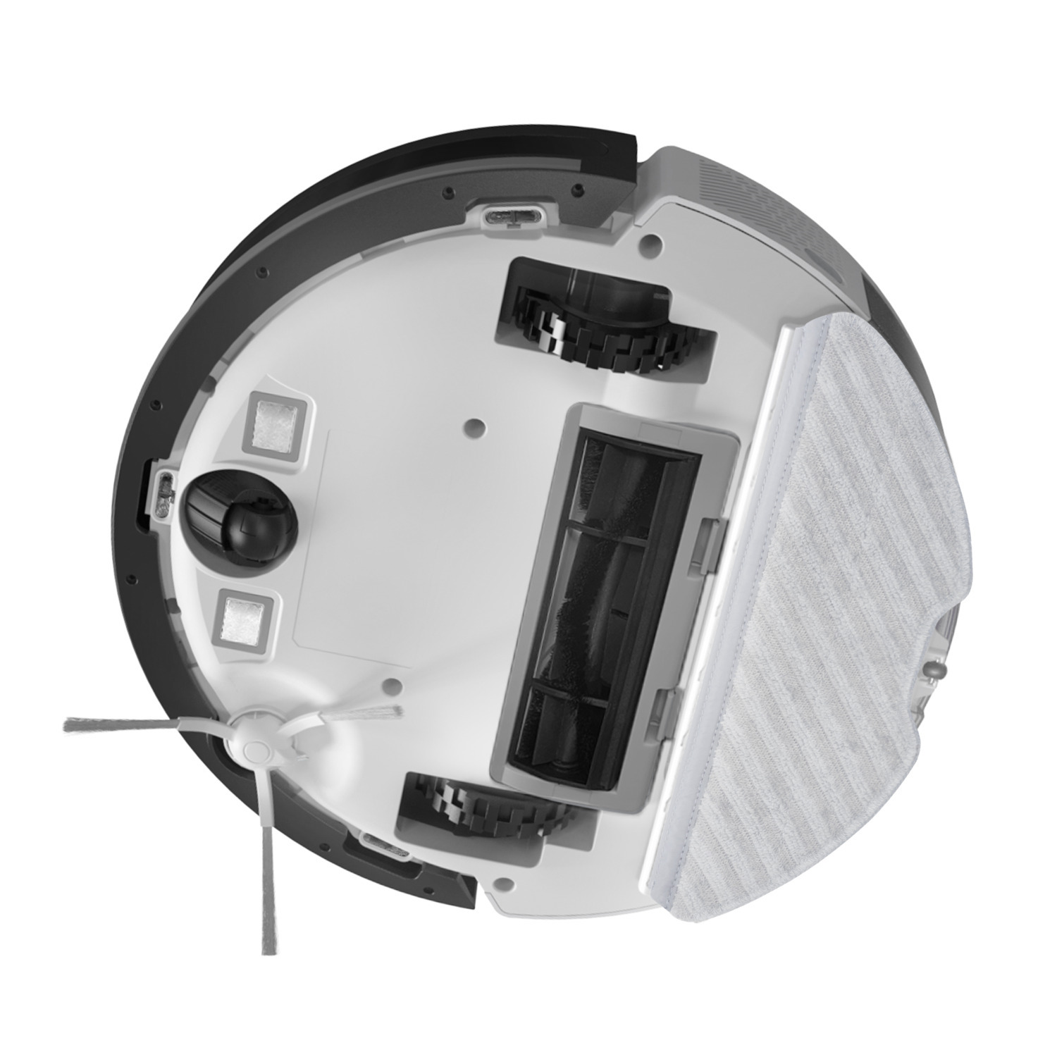 Aspirateur robot, vue de dessous, montrant les brosses, les roues et les compartiments, sur fond blanc.