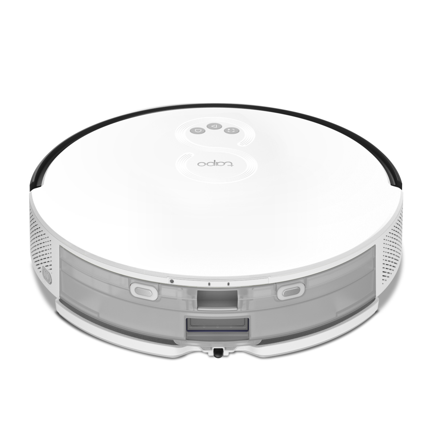 Un aspirateur robot rond blanc avec un bac à poussière transparent sur une surface blanche.