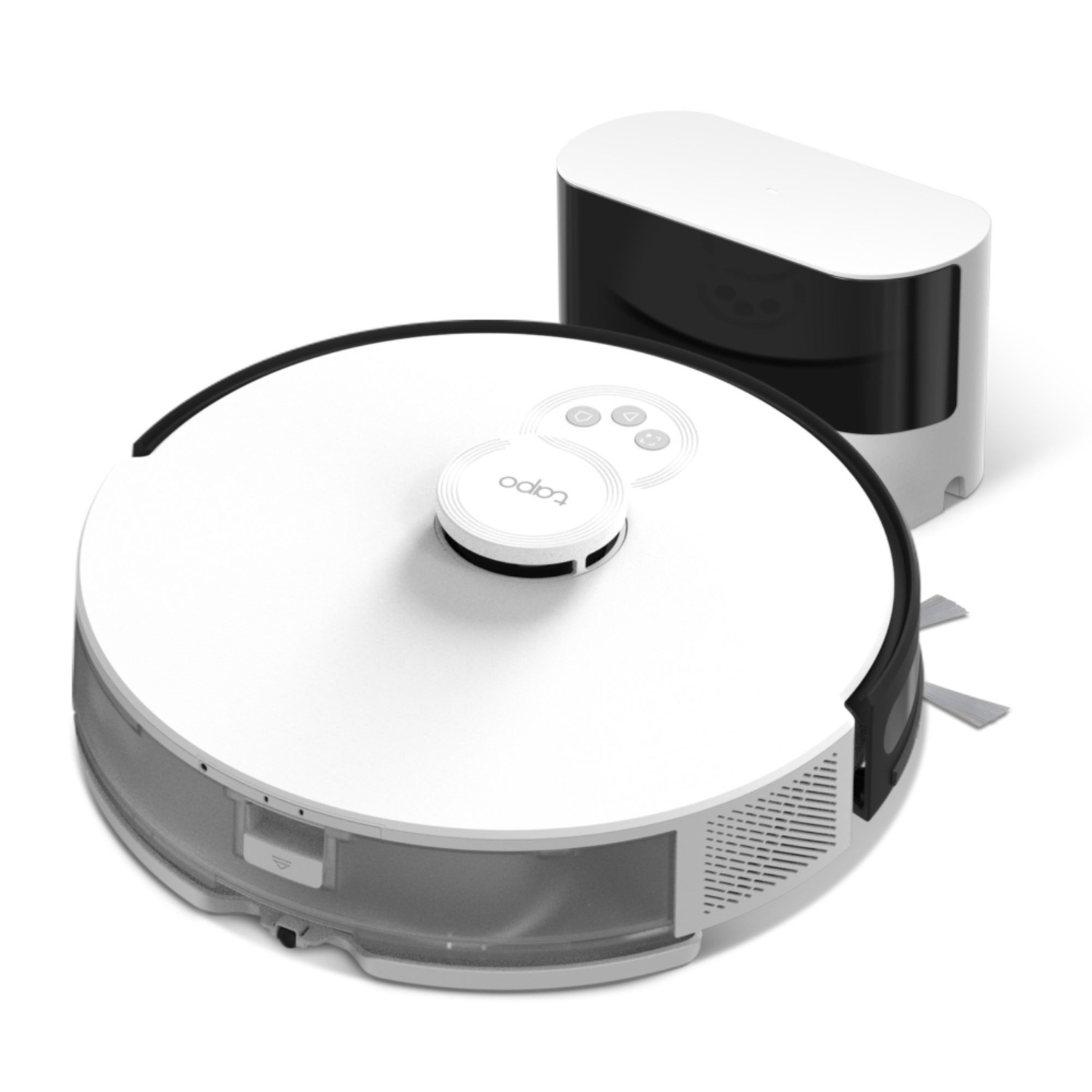 Aspirateur robot blanc avec station de charge. L'aspirateur a un dessus blanc, une bordure noire.