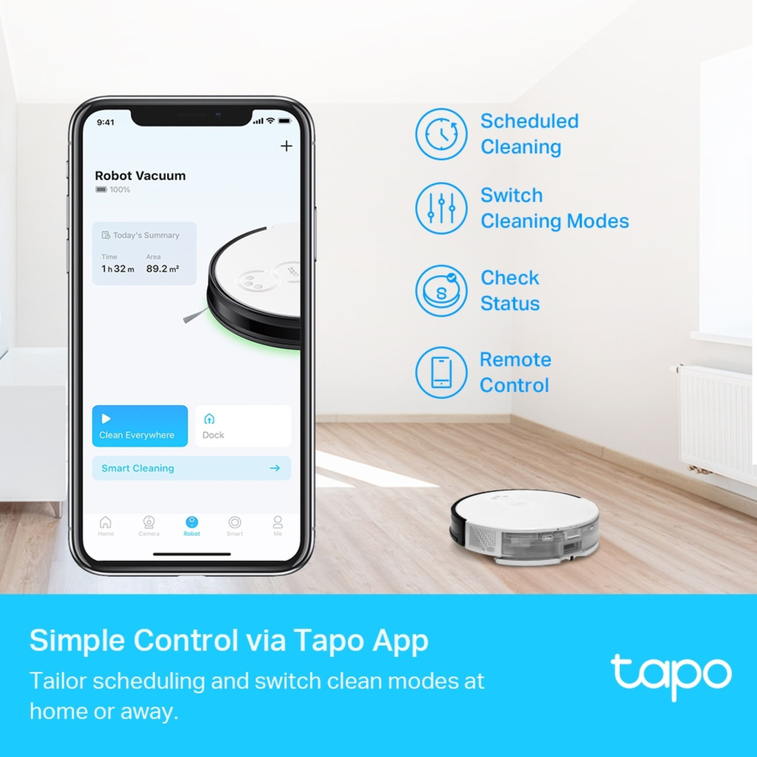 Un écran de téléphone affichant une application de robot aspirateur, avec des options de contrôle et un aspirateur.
