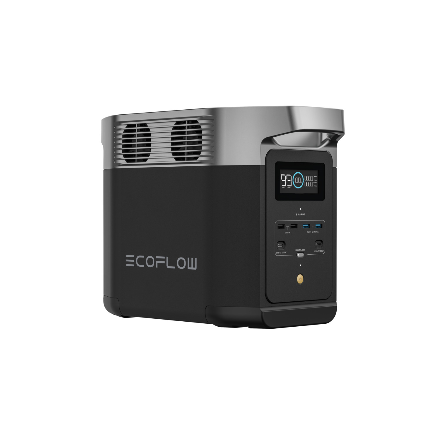 Zwart en zilver EcoFlow-energiecentrale, met een digitaal display en een witte achtergrond.