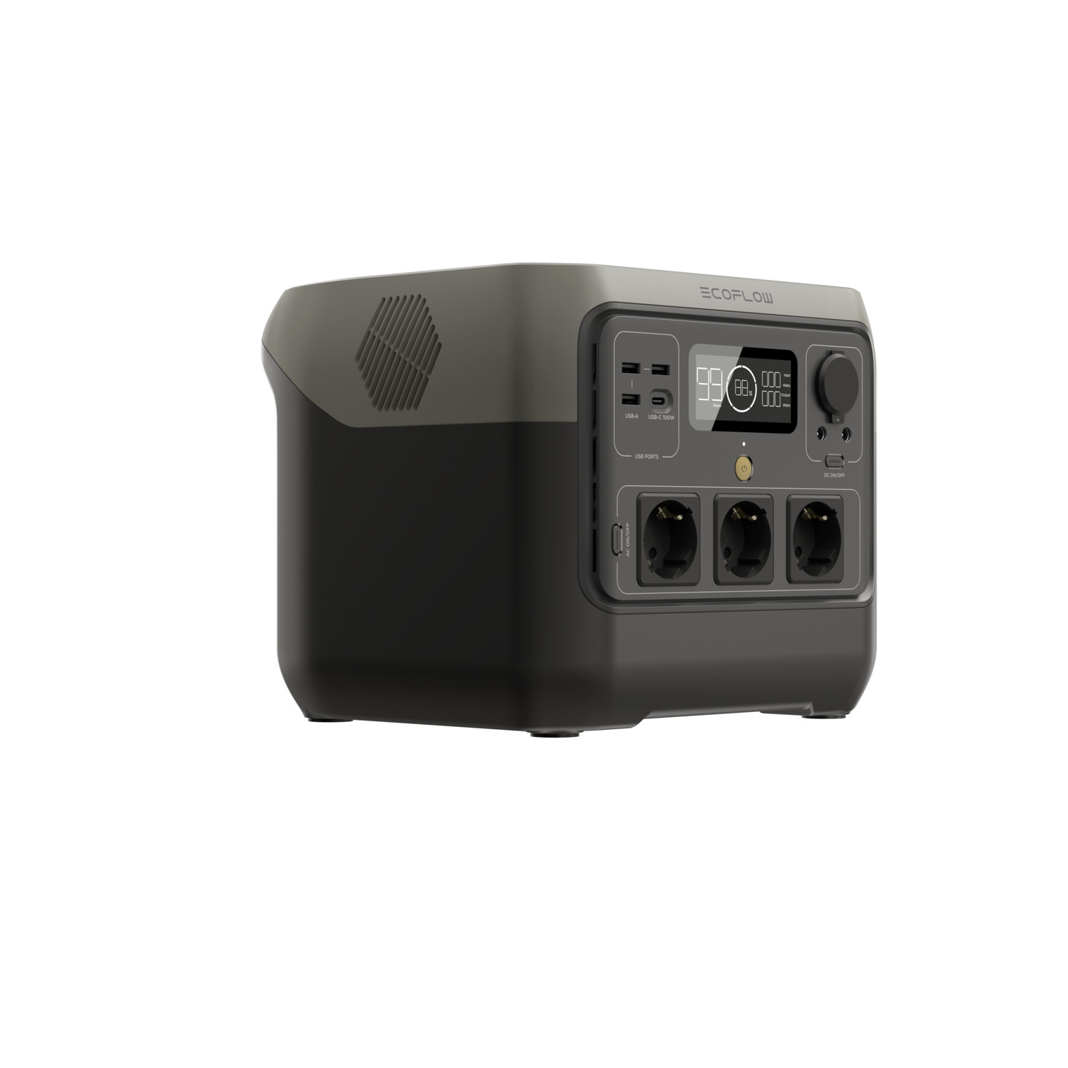 Une centrale électrique portable en gris et noir, avec un écran et des prises de courant.