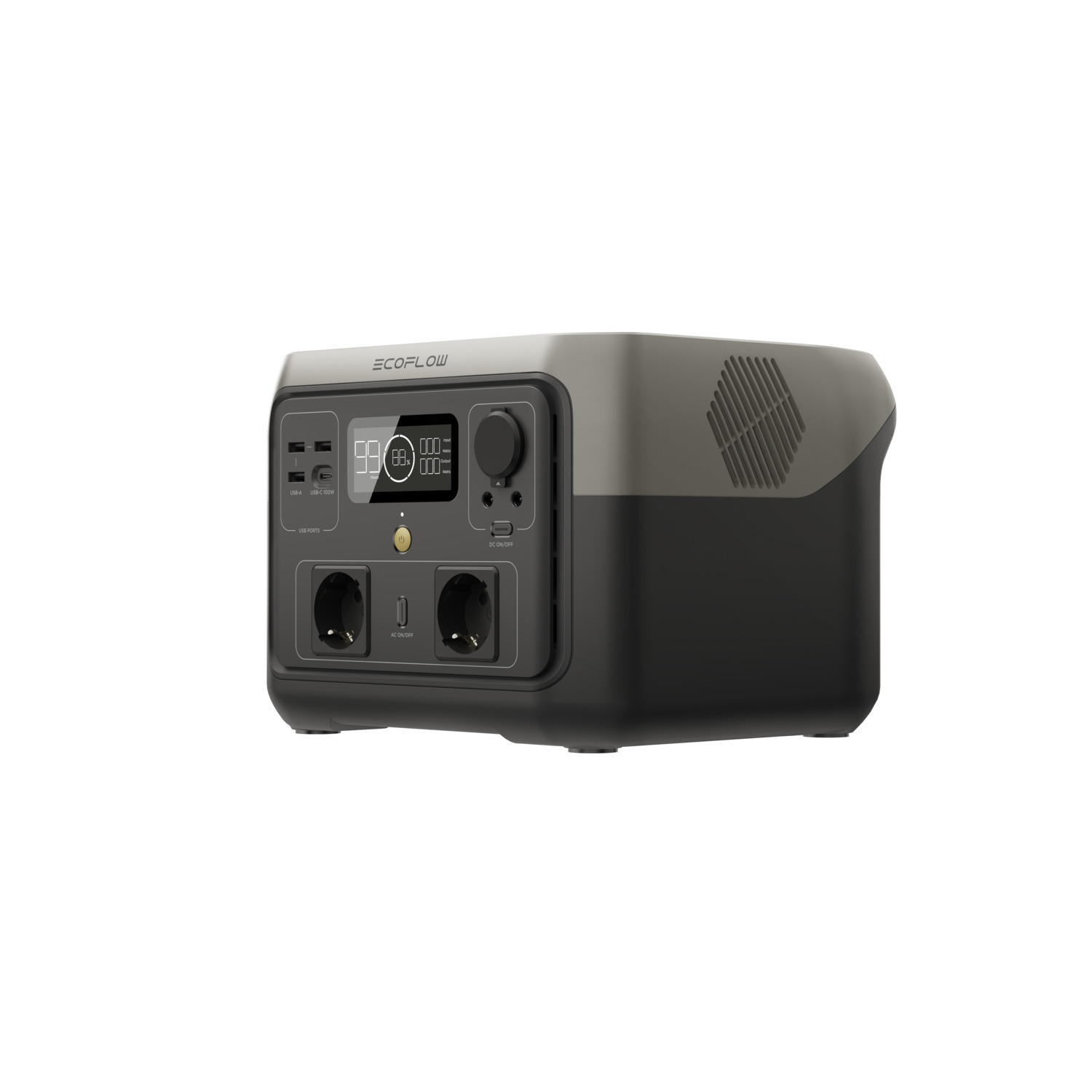 An EcoFlow power station, dark gray and black, with a digital display and ports.