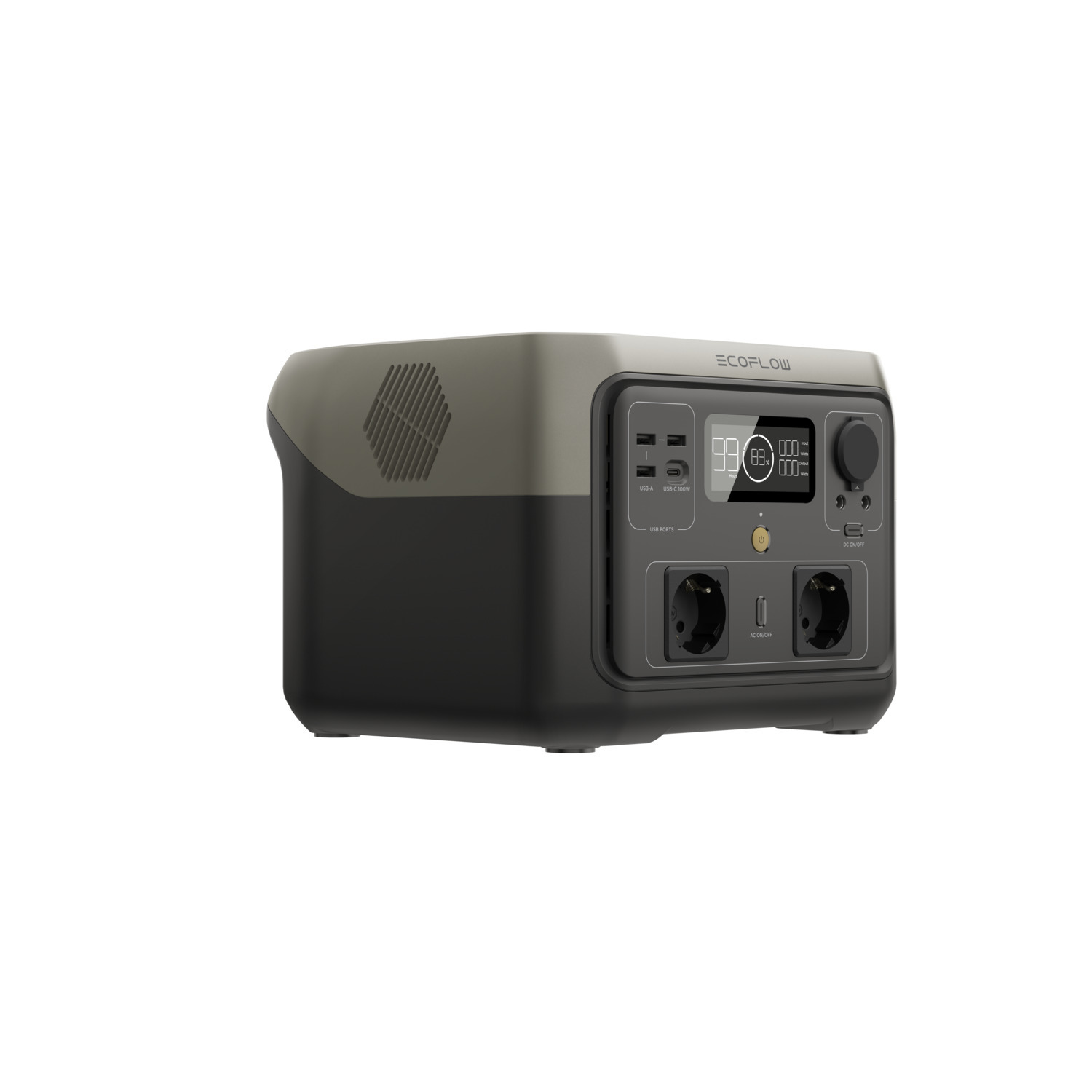 A portable power station with a black and gray design. It has ports and a display, on a white background.