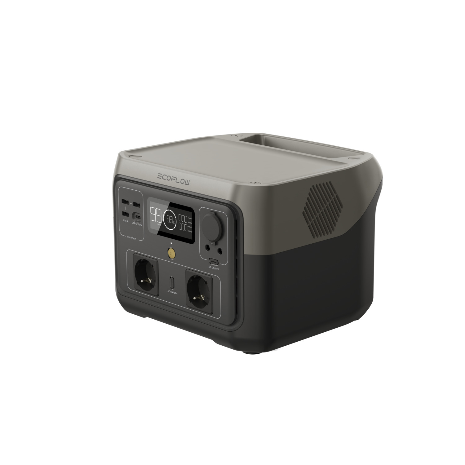 A portable power station in a grey and black casing with a digital display.