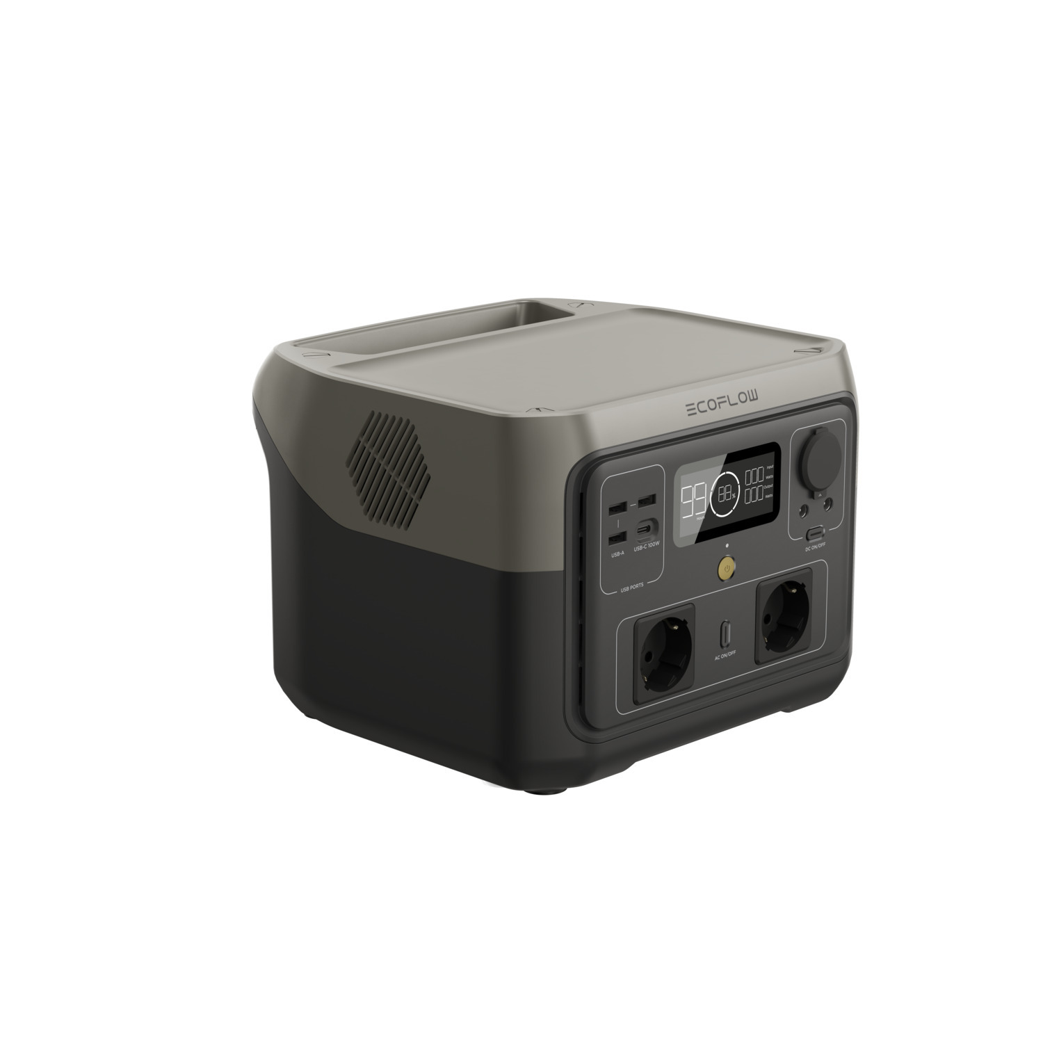 Portable power station with a gray and black design, with a digital display.
