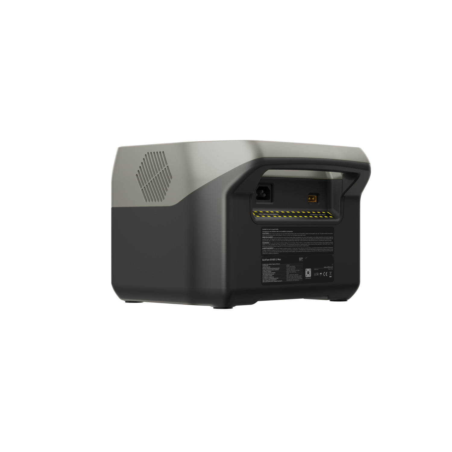 A portable power station from the back. It is dark gray with ventilation and connectors.