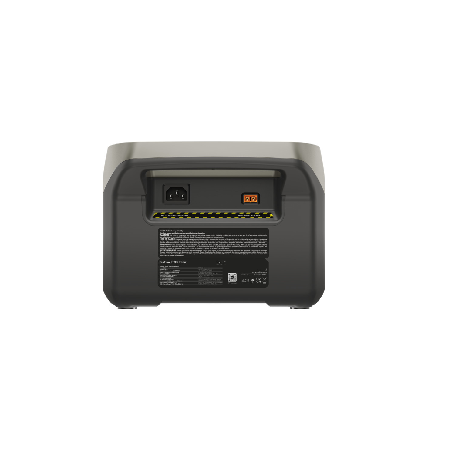 The back of a portable power station, showing power inputs, outputs, and informational labels.