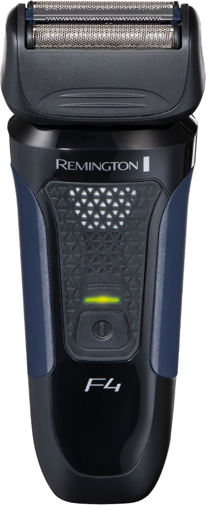 Rasoir électrique Remington F4, noir et bleu, avec un indicateur d'alimentation vert.