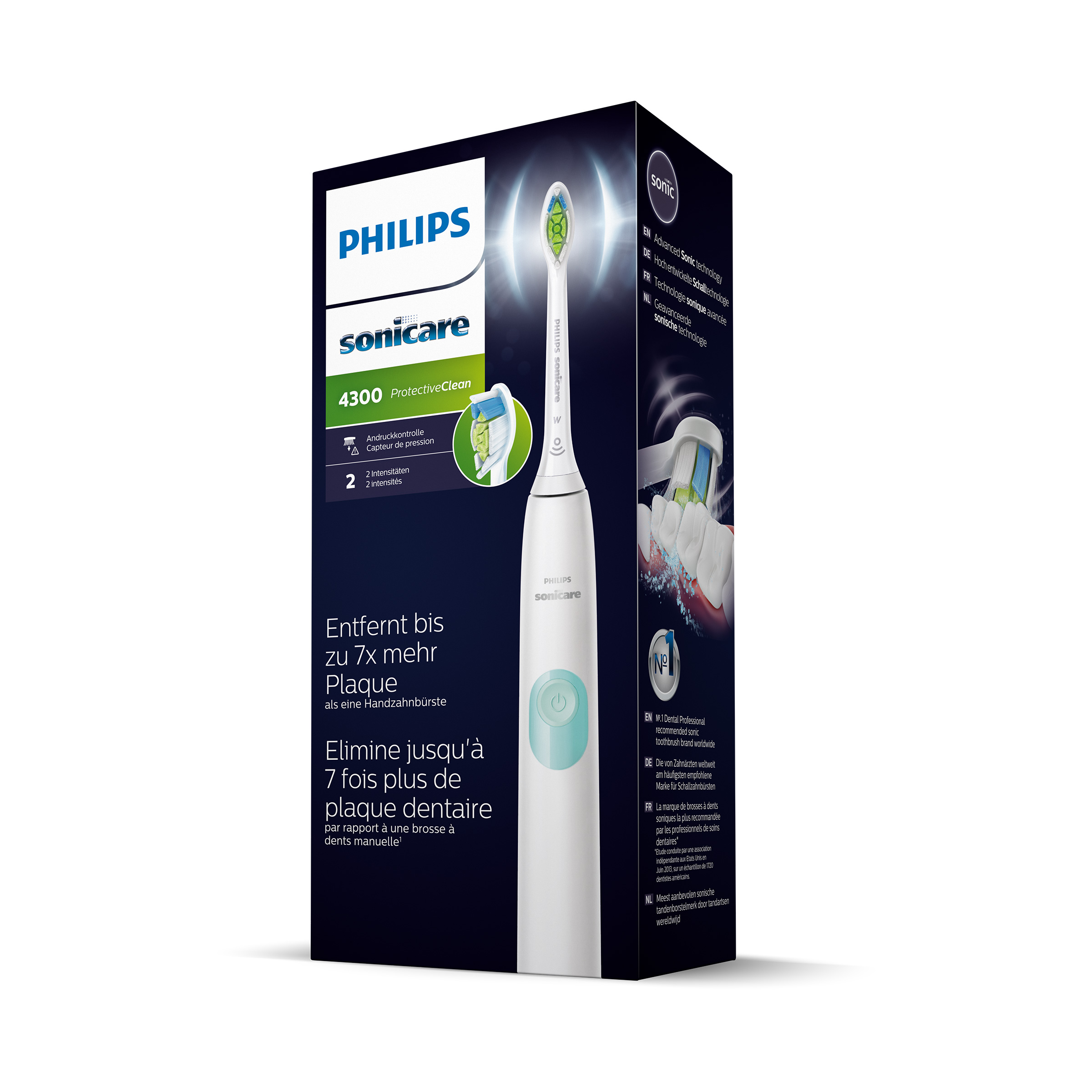 Biała szczoteczka do zębów Philips Sonicare z pudełkiem i tekstem, pokazująca główkę szczoteczki.