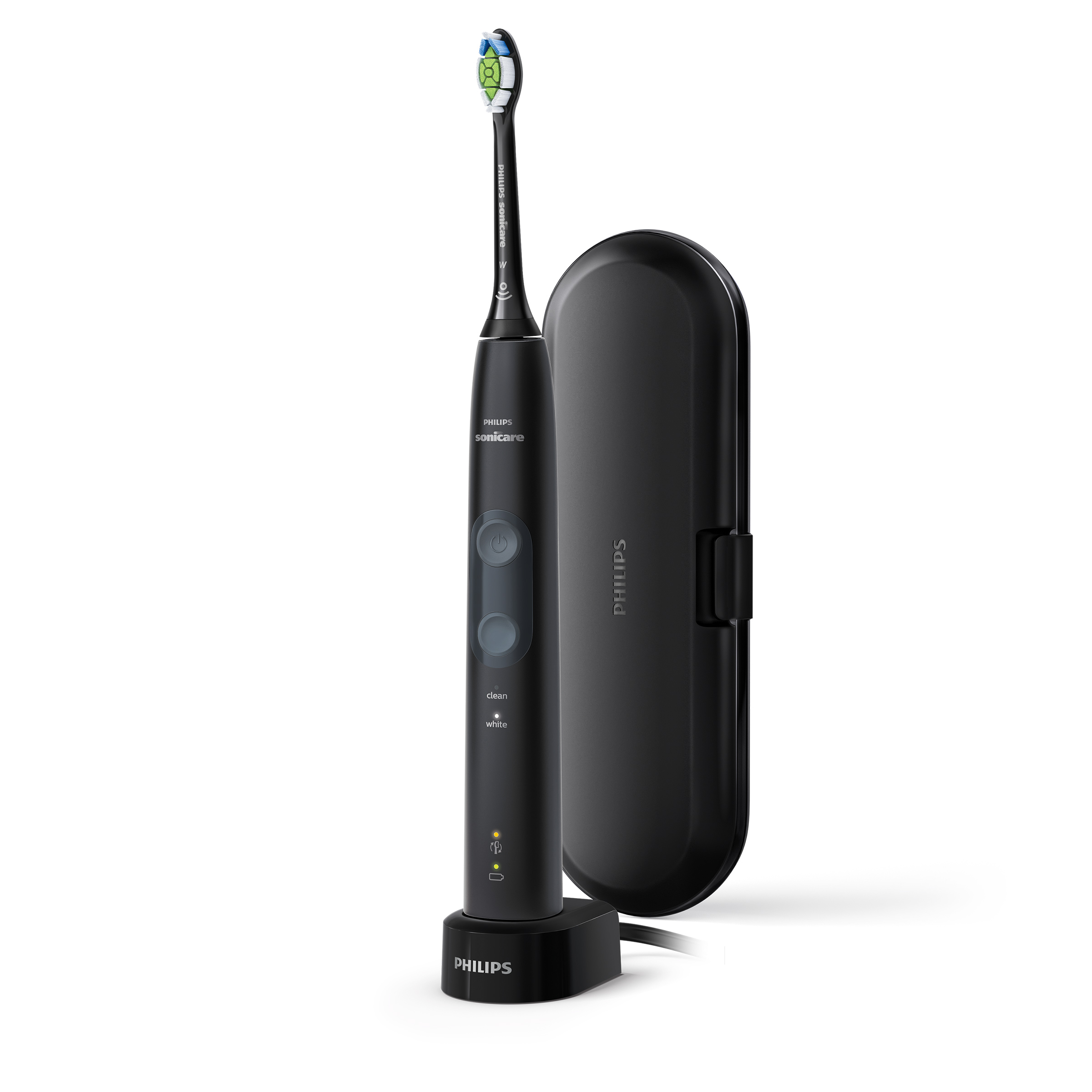 Czarna szczoteczka do zębów Philips Sonicare. Stacja ładowania i etui podróżne. Elegancki design.