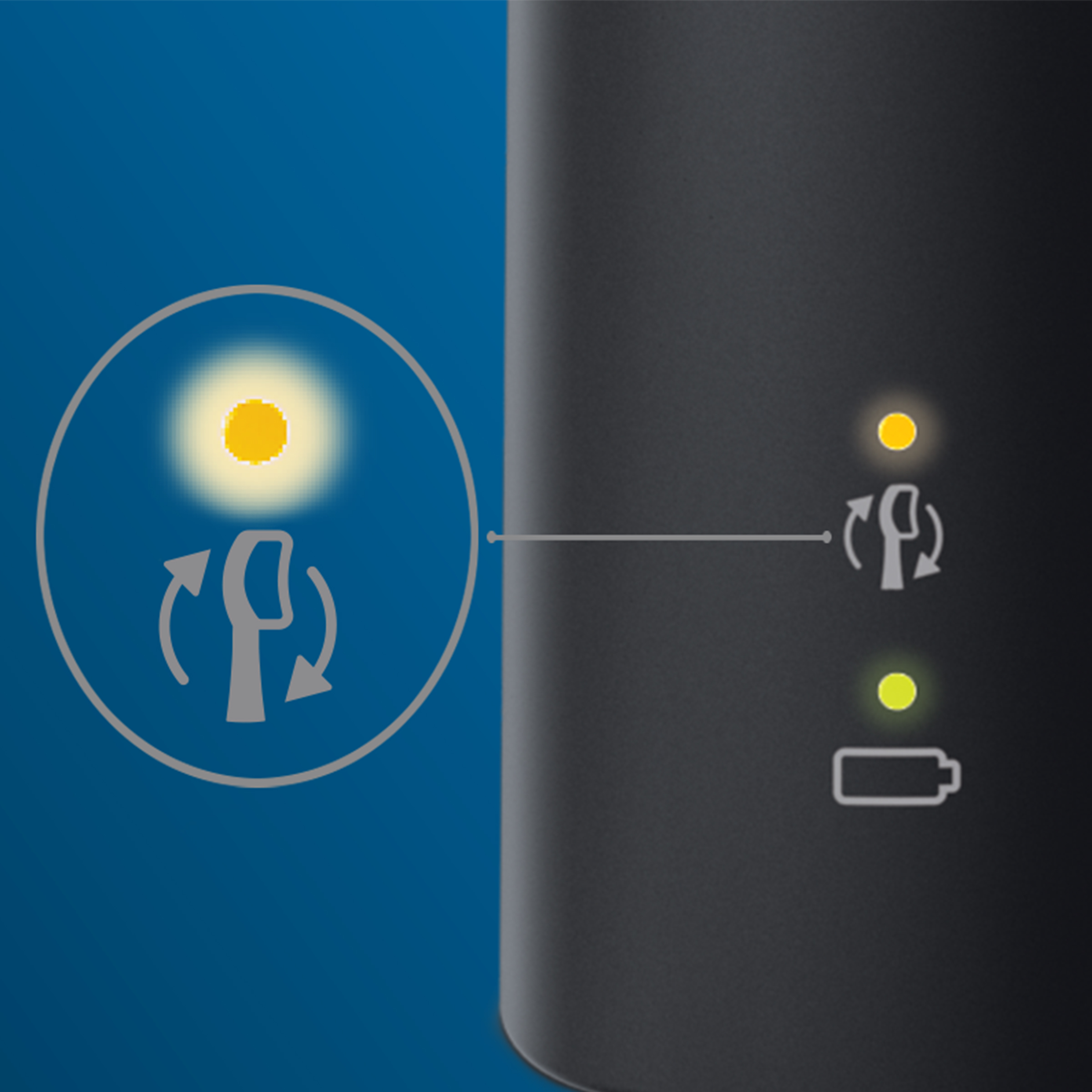 Zbliżenie golarki elektrycznej ze wskaźnikami i symbolem ładowania.