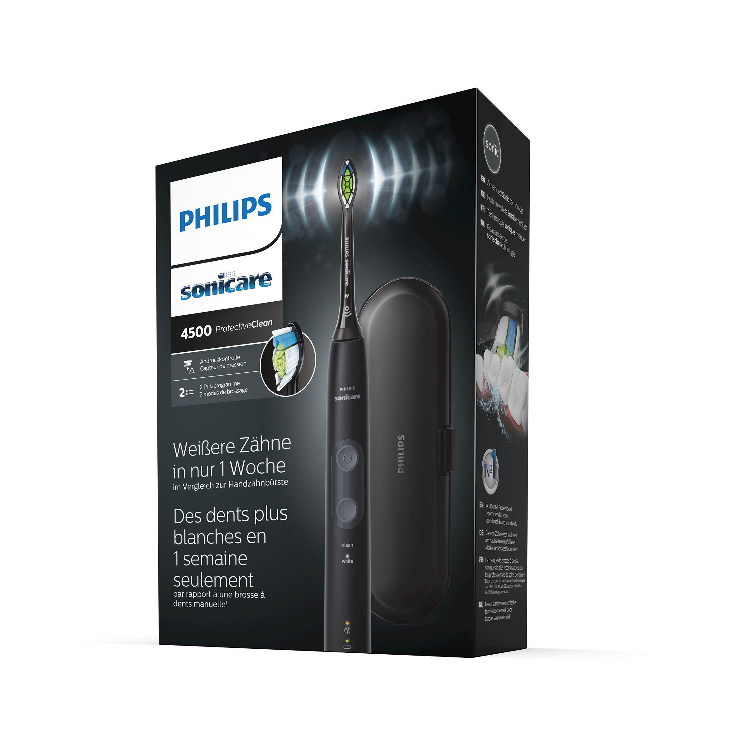 Czarna elektryczna szczoteczka do zębów Philips Sonicare i etui w opakowaniu. Tekst: Wybielanie w 1 tydzień.