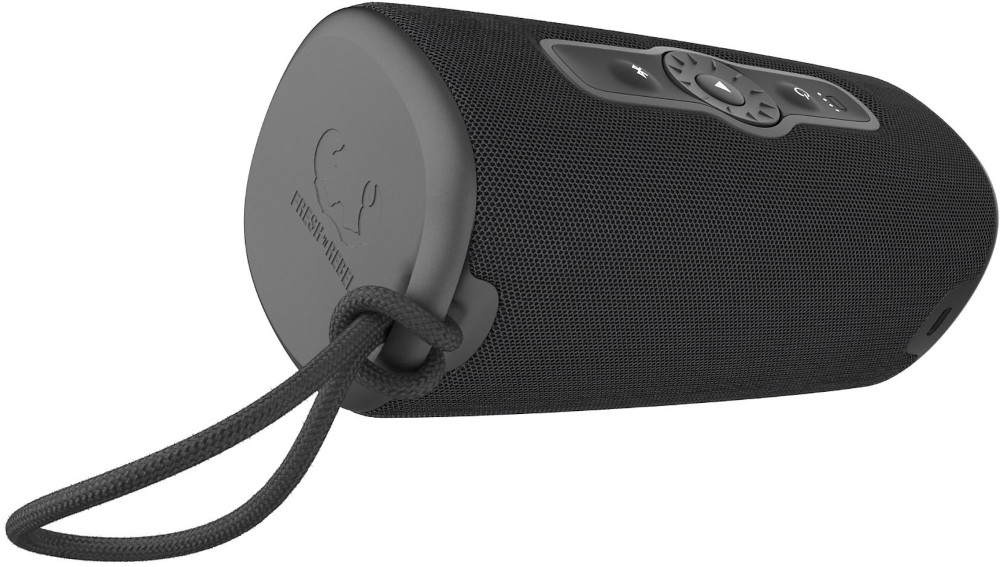 Black, cylindrical speaker with control buttons and a black handle.
