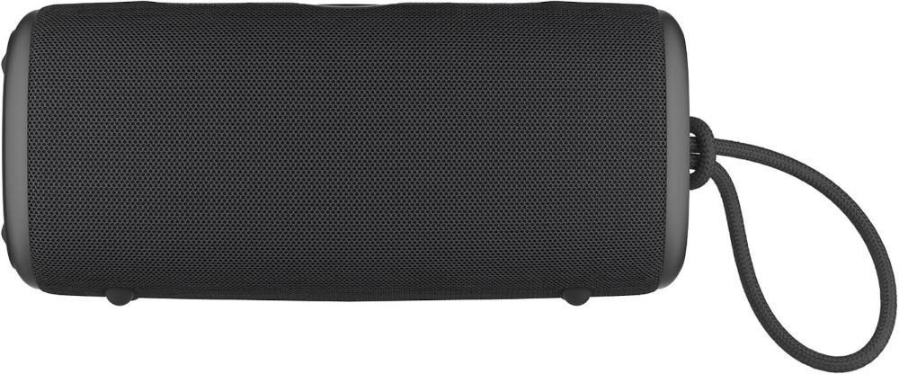A black cylindrical speaker with a black rope handle. The mesh is visible. White background.