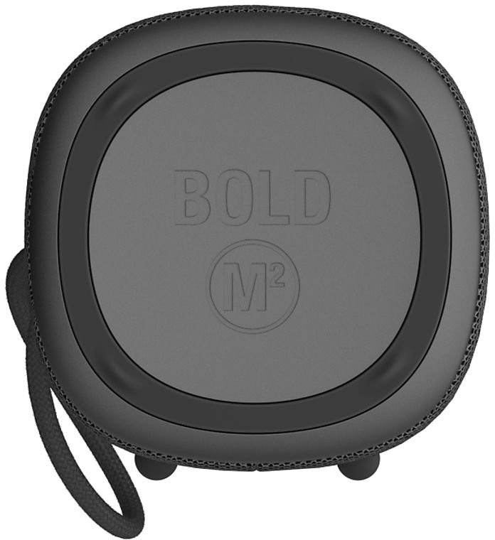 Black speaker with Bold M2 logo. Black handle. Circular shape. White background.