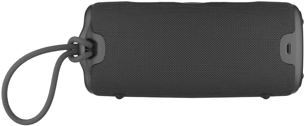 A black rectangular speaker with a handle. USB port on the side.