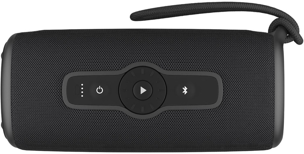 Black portable speaker with control buttons on top, a handle, and a woven texture.