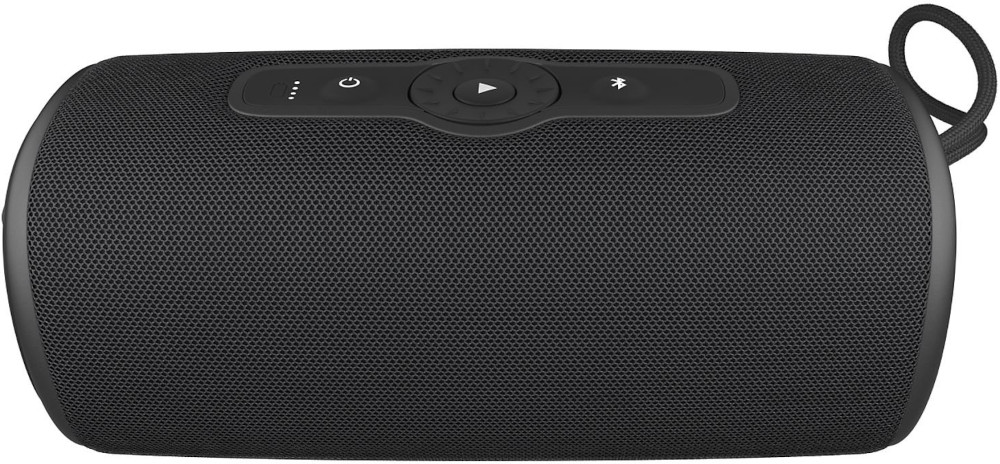 Black cylindrical speaker with control buttons on top. Has a mesh texture and a loop handle. Bluetooth symbol visible.