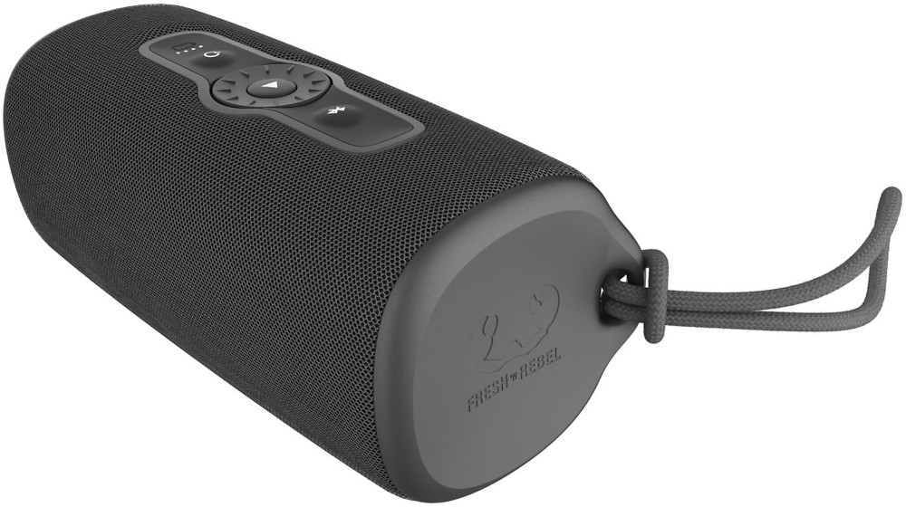 A black portable speaker with control buttons on top.