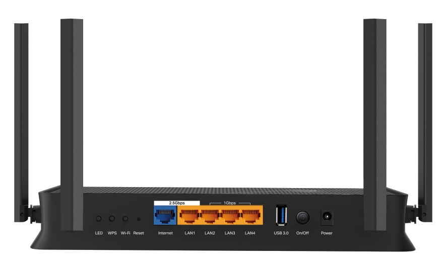 Fekete router antennákkal. Internet-, LAN- és USB-portokkal. Fekete háttér.