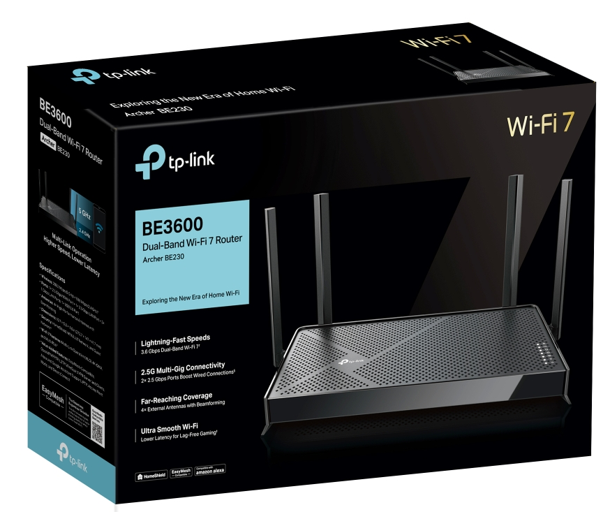 Fekete Wi-Fi 7 router dobozban, specifikációkkal és képekkel. Fehér háttér.