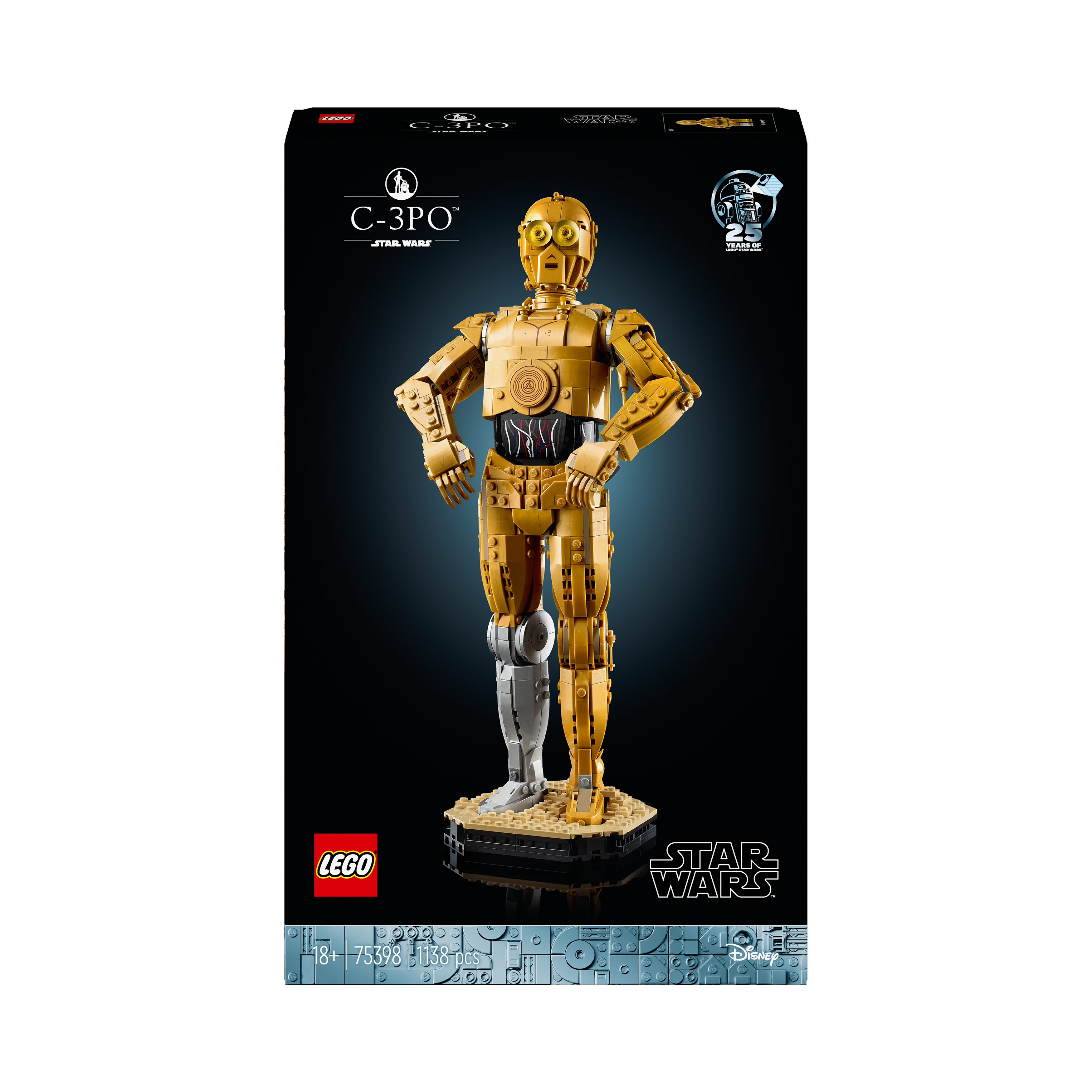 Lego C-3PO Figur in einer Box. Die Figur ist golden mit silbernen Beinen.