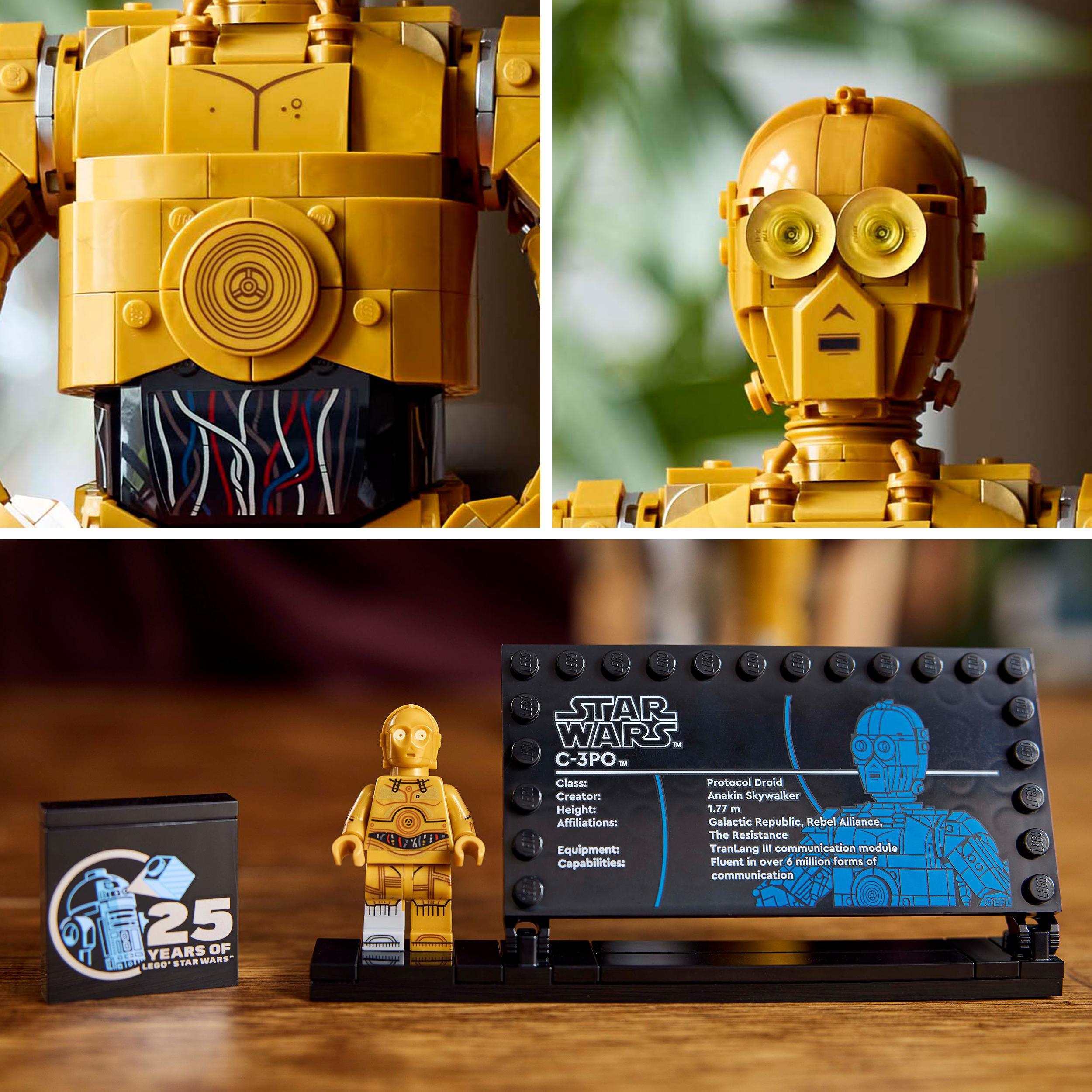 Ein LEGO Star Wars C-3PO Modell mit Details, eine Minifigur und eine Infokarte.