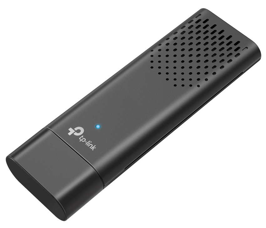 Fekete TP-Link Wi-Fi hatótávolság-bővítő, kék fénnyel.