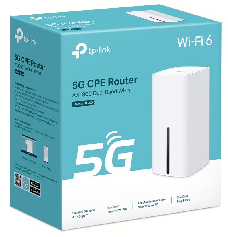 Egy Wi-Fi 6 router doboz, fehér, fekete előlappal, és a tp-link és 5G logókkal.