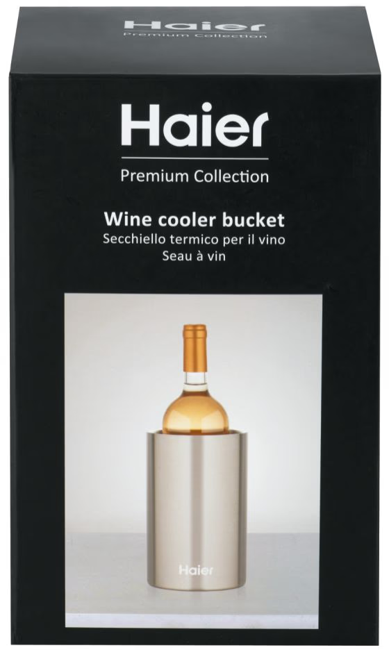 Scatola nera con marchio 'Haier' e un refrigeratore per vino con bottiglia.