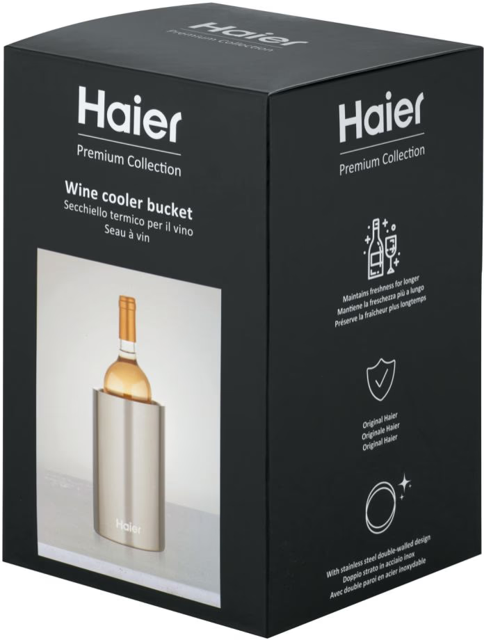 Scatola nera con un secchiello refrigeratore per vino Haier. Testo sulla scatola: Haier Premium Collection, Secchiello refrigeratore per vino.