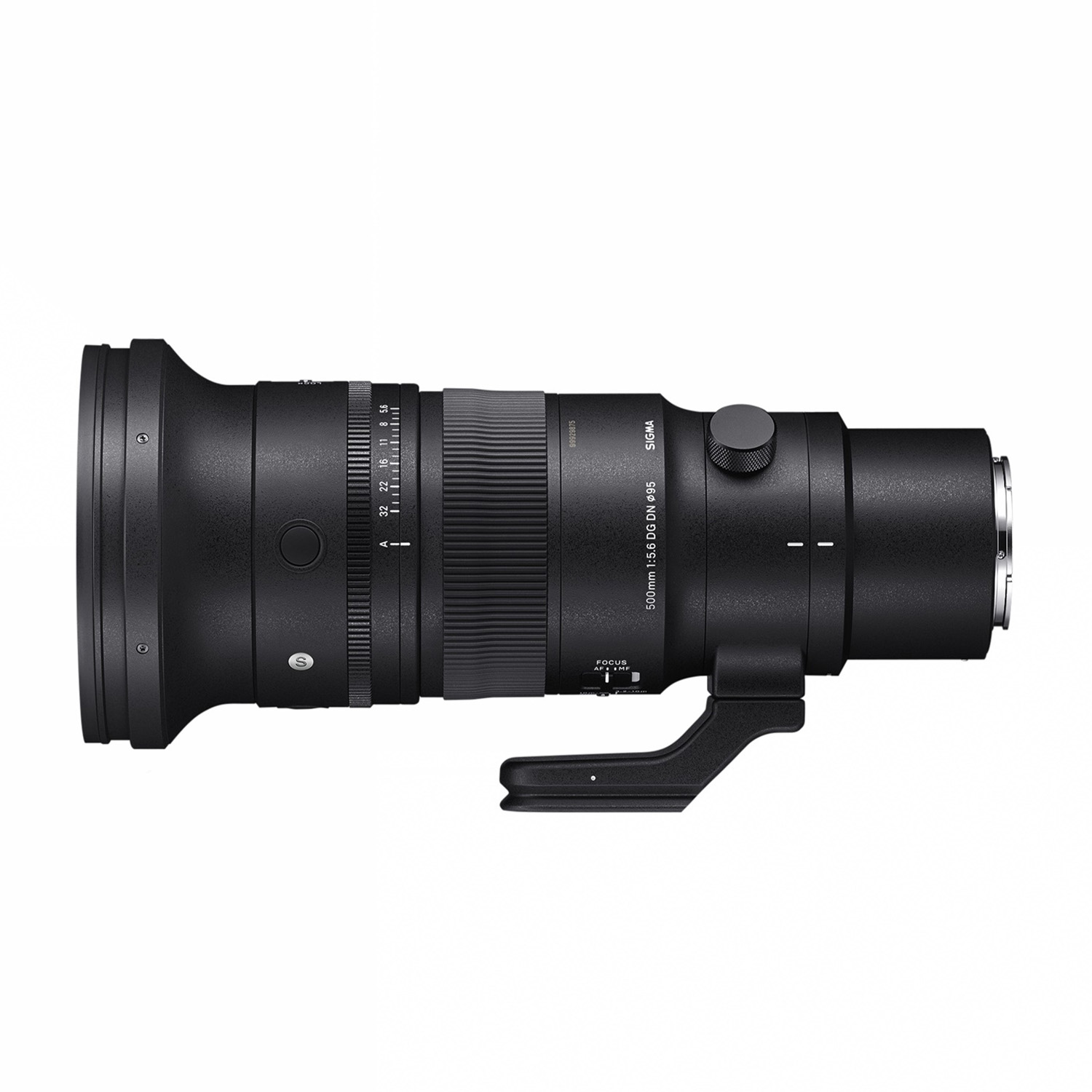 Obiettivo Sigma 500mm f/5.6 DG DN nero, lungo e cilindrico, con comandi di messa a fuoco e zoom.