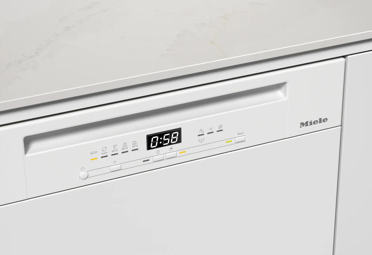 Wit Miele vaatwasser bedieningspaneel met een digitaal display dat de tijd toont: 0:58.