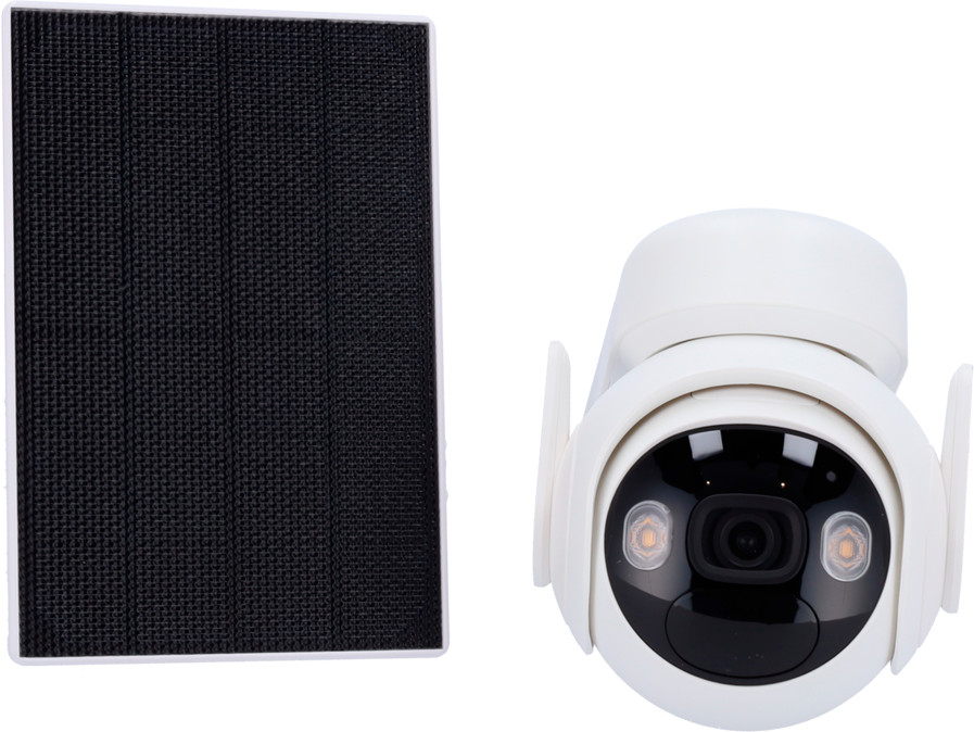 White security camera with a black solar panel. The camera has two antennas.