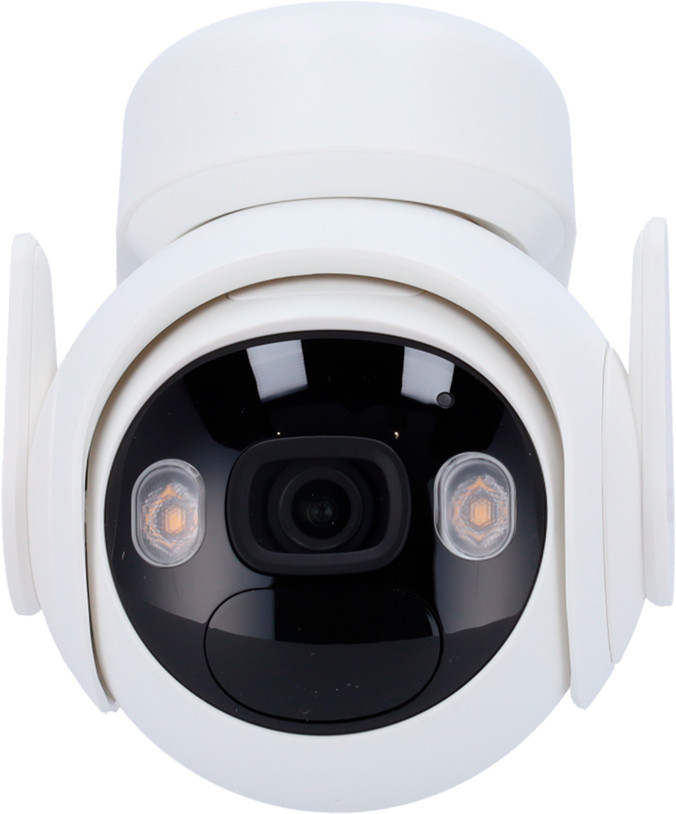 White surveillance camera with two side antennas and a black lens. White background.