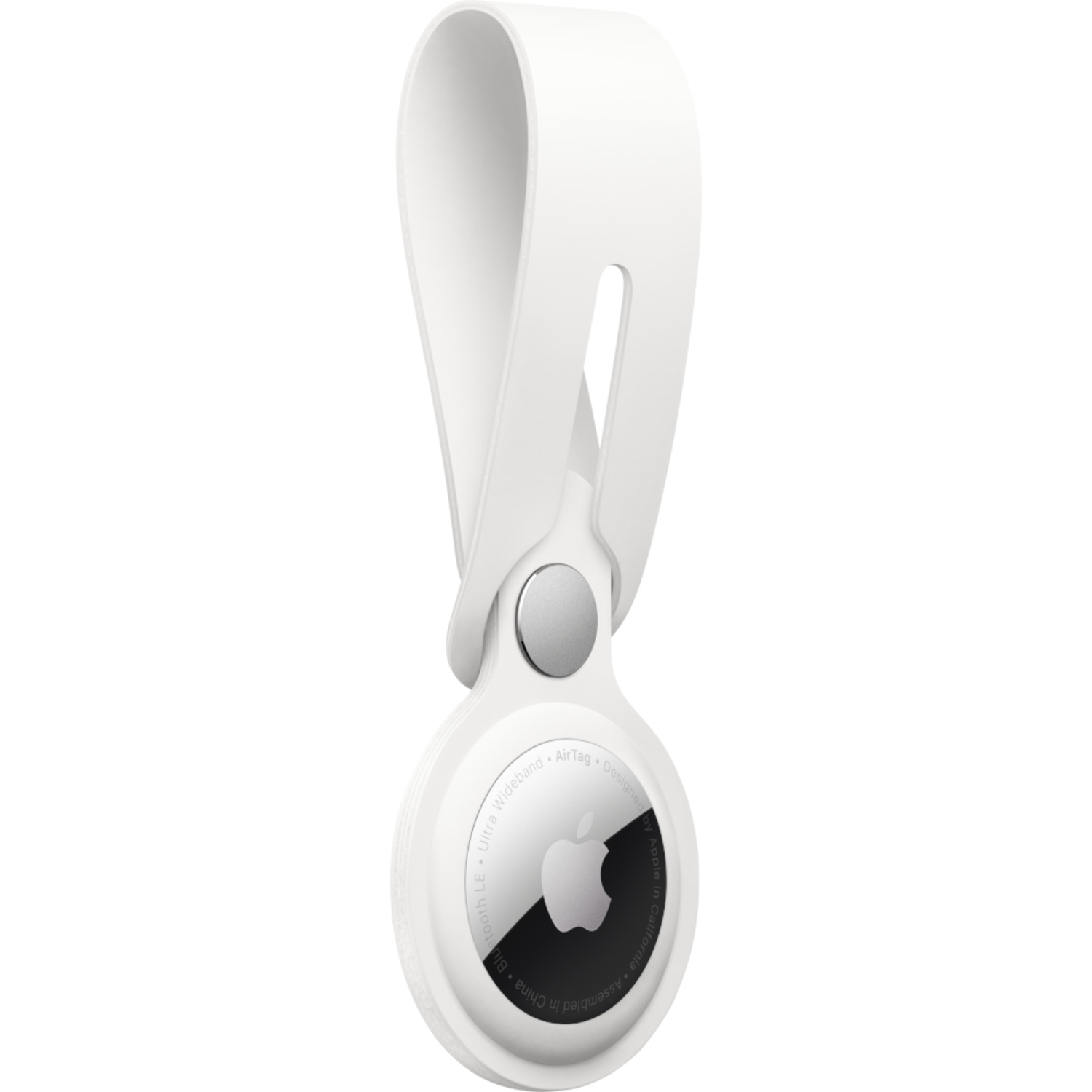 Witte Apple AirTag met lus. Zilveren midden, zwarte cirkel met Apple-logo, witte achtergrond.