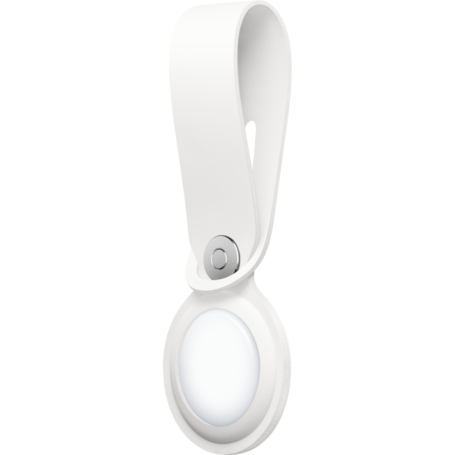 Een witte Apple AirTag-houder met een wit label en een lus.