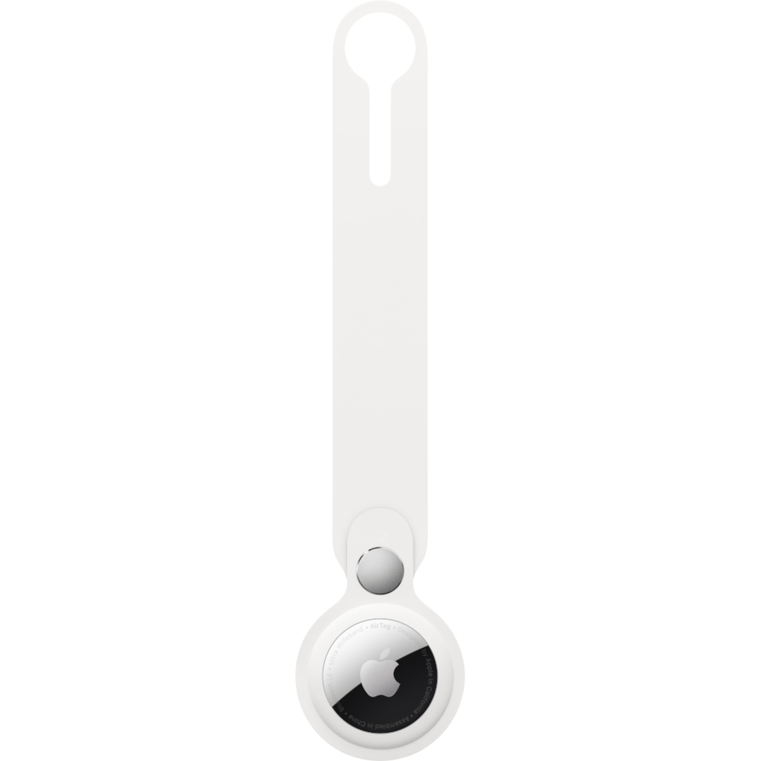 Witte Apple AirTag met een witte lus, van voren gezien op een witte achtergrond.