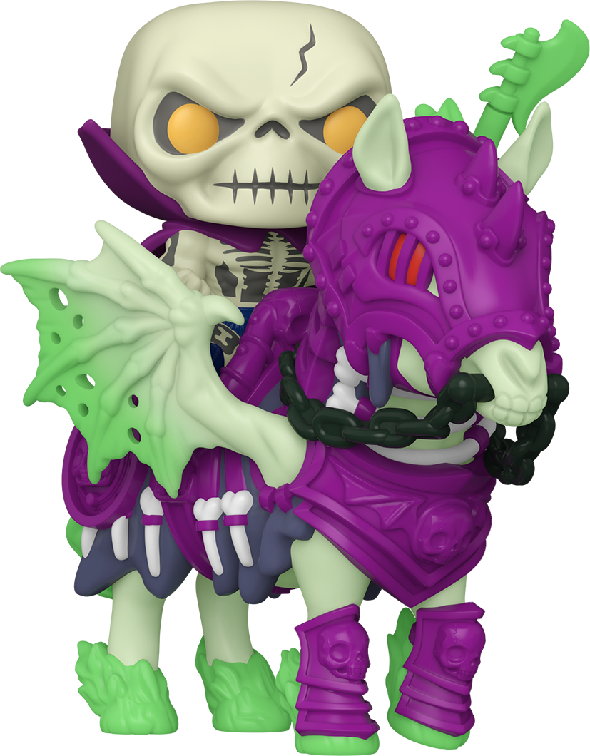 Skeletor reitet auf einer lila Pferdefigur.