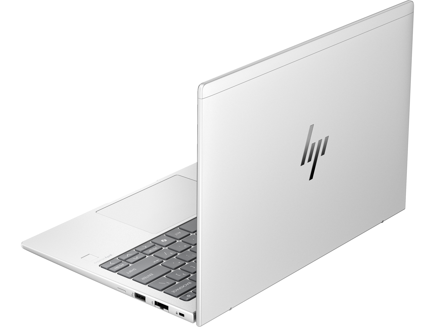 Portátil HP blanco visto desde un ángulo. Abierto, mostrando teclado y pantalla.