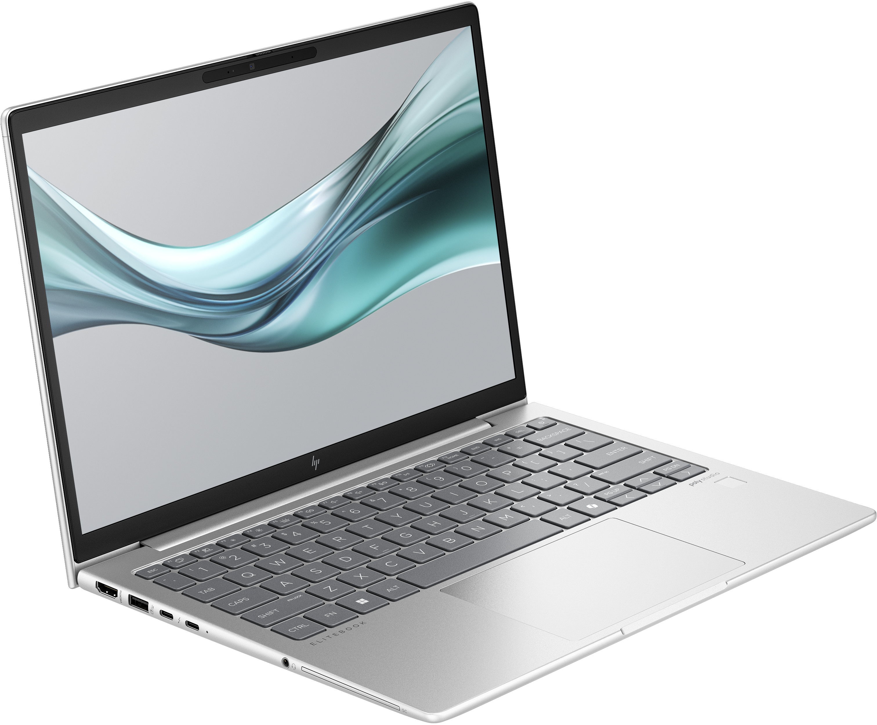 Laptop plateado con pantalla que muestra un diseño abstracto azul y verde.